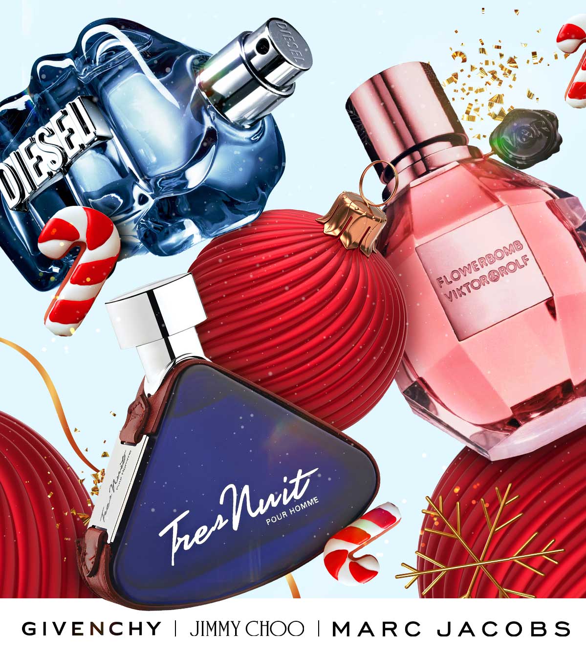 Popular fragrances surround ornaments during early holiday savings