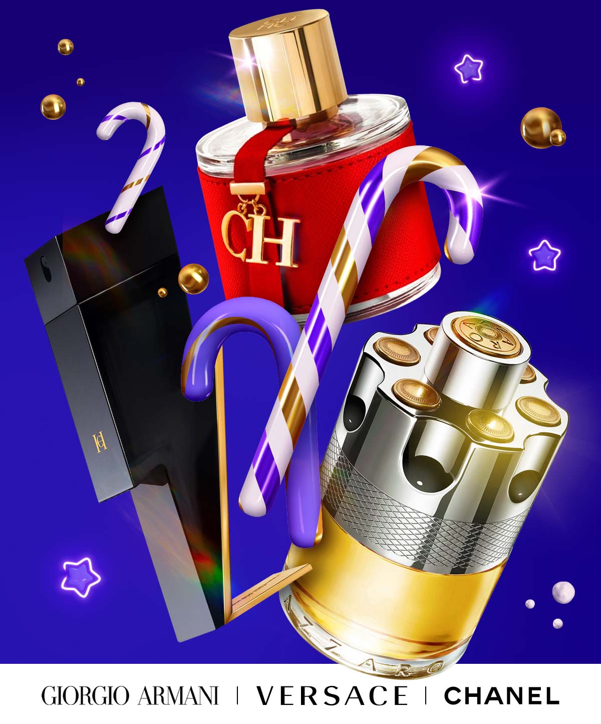 Best-selling perfume and colognes are surrounded by candy canes and ornaments for early holiday shopping