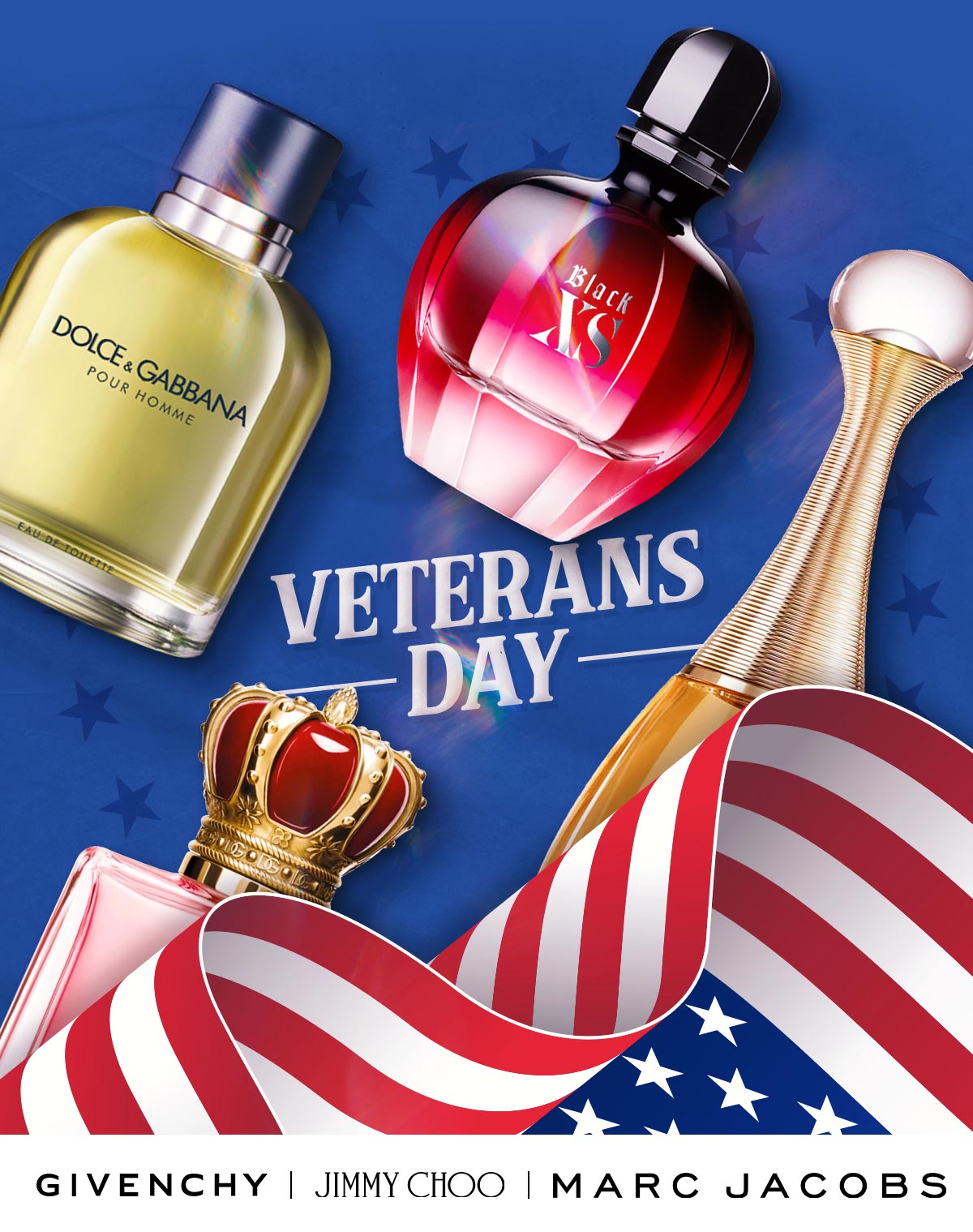 Popular fragrances sit on a patriotic background to advertise Veterans Day savings