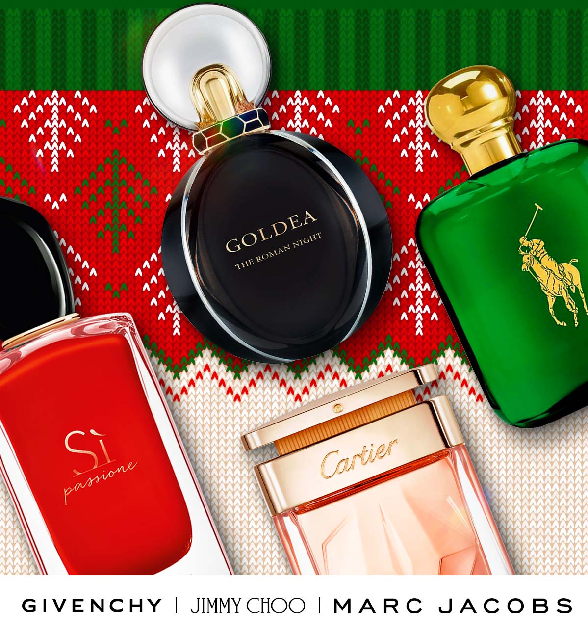 Popular fragrances sit on a Christmas holiday to advertise early holiday deals