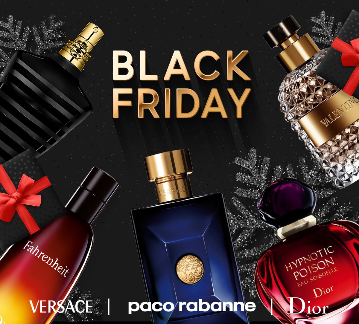 Sparkling black snowflakes surround perfume to advertise Black Friday deals