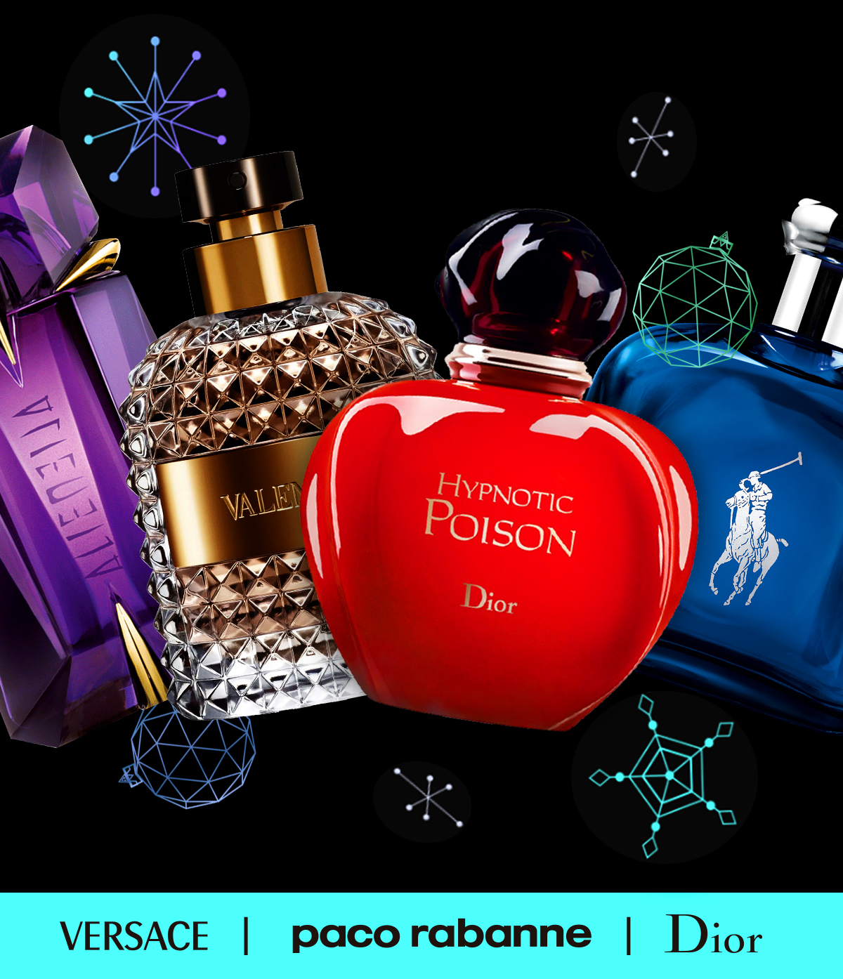 Decorative neon elements float around fragrances on sale for Cyber Week