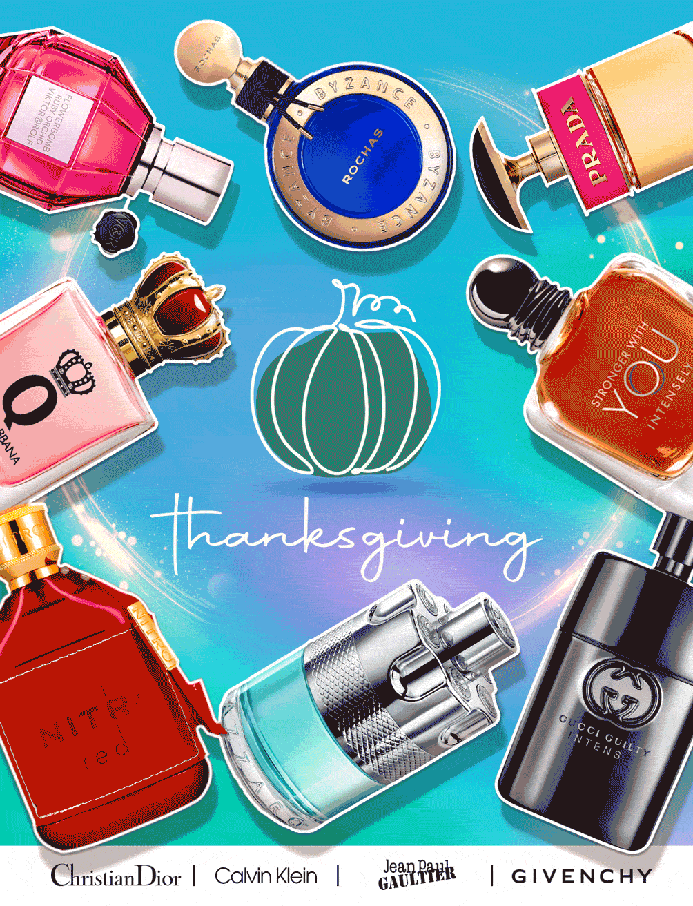 Popular perfume and cologne bottles surround a Thanksgiving emblem during seasonal deals