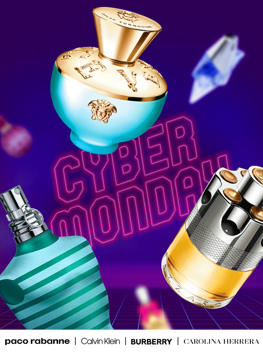 Neon letters advertise Cyber Monday savings on best selling perfume and cologne