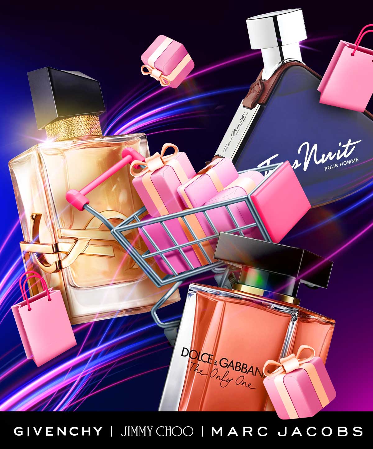  A shopping cart is loaded up with gifts of popular fragrances during Cyber Monday savings