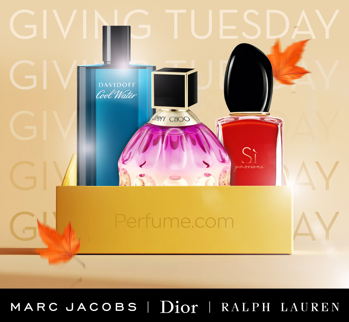 Popular perfume bottles in front of Giving Tuesday text