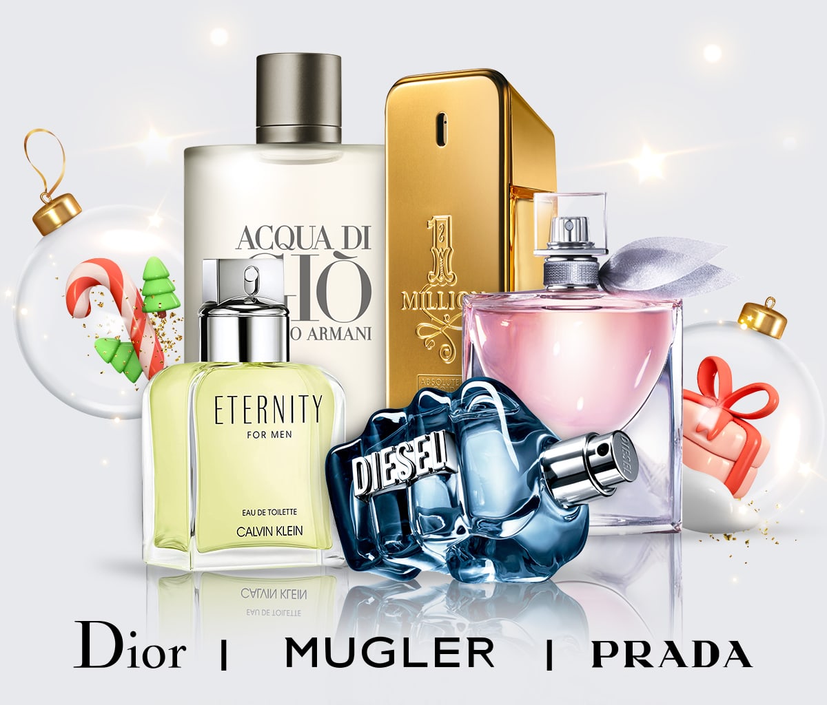 Christmas ornaments are scattered around best selling fragrances during holiday deals