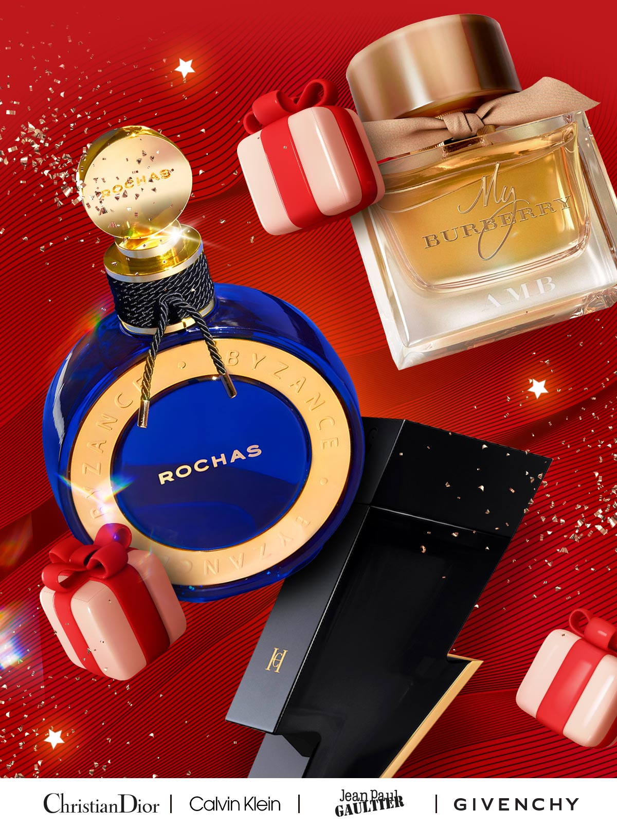 Sparkles and gift boxes swirl around popular perfume and cologne bottles