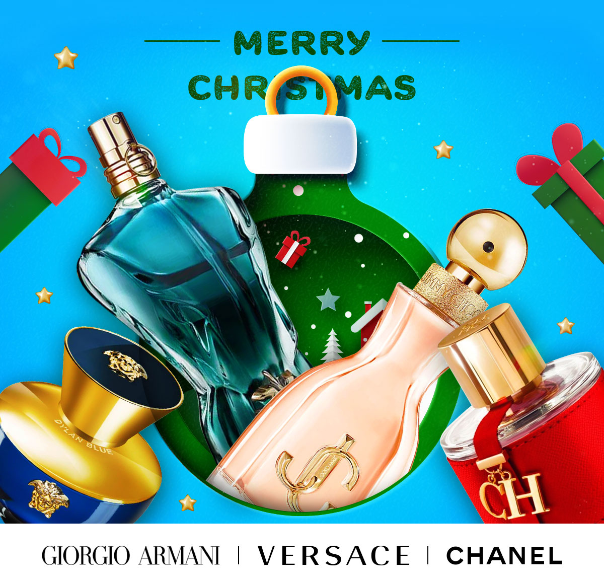 Best-selling perfume and cologne bottles nestled in an ornament cut out during holiday savings