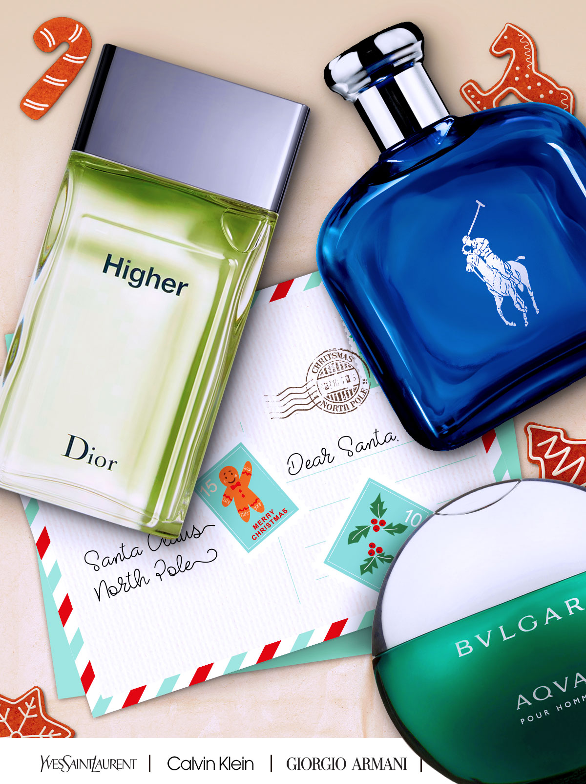 Top perfume and cologne bottles sit on a letter to Santa during holiday savings event