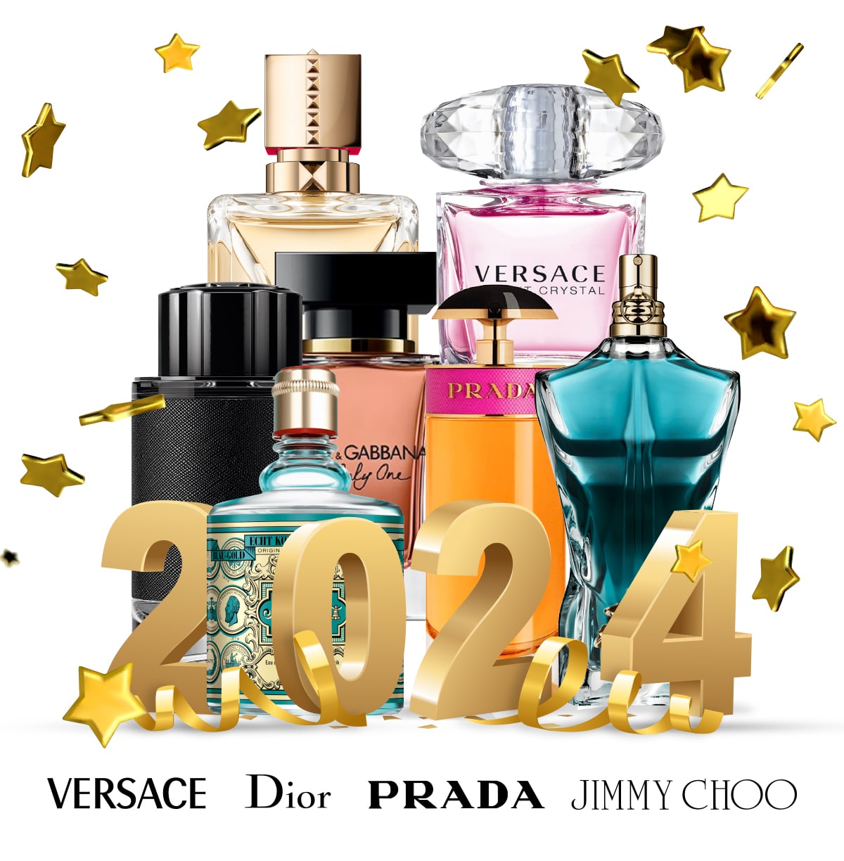Gold stars fall and surround perfume and cologne on sale for New Year's deals